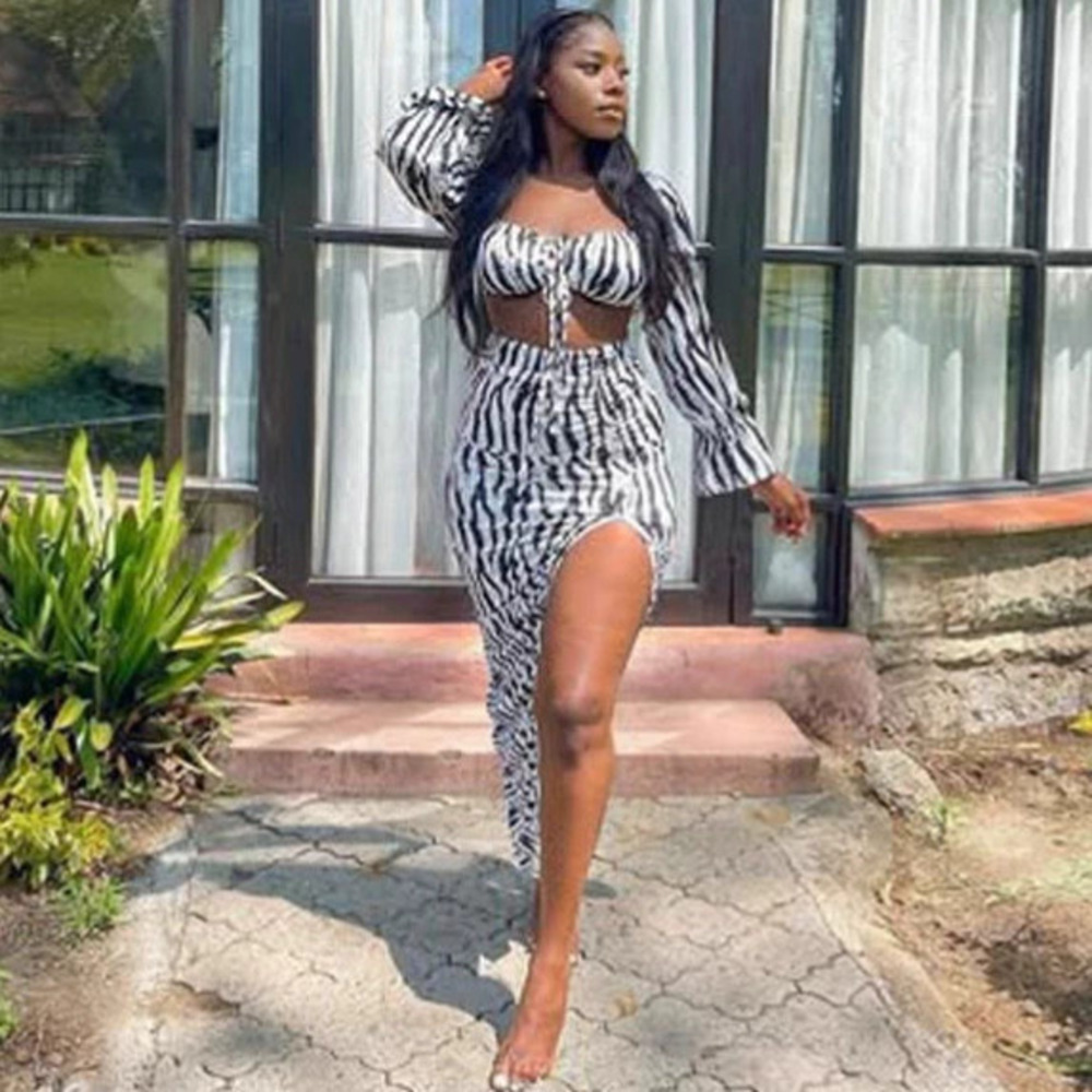ZARA Sexy Zebra Print Crop Tube Top and African Style Slit Maxi Skirt Set